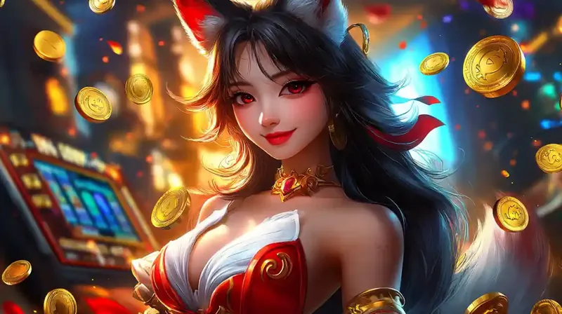 Beautiful anime girl with fox ears surrounded by falling gold casino coins