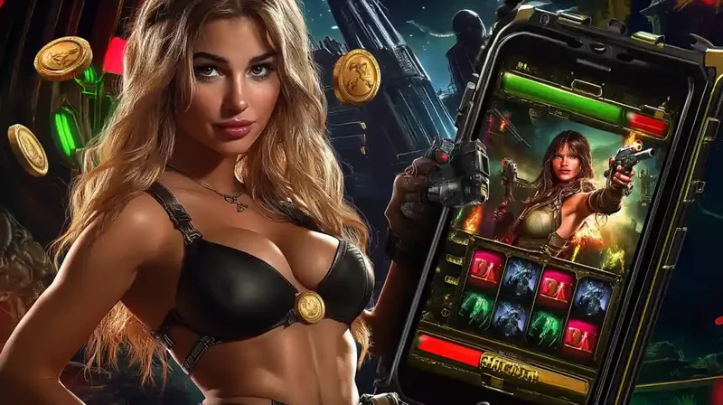 Woman in sci-fi gear holding a smartphone displaying a slot machine game